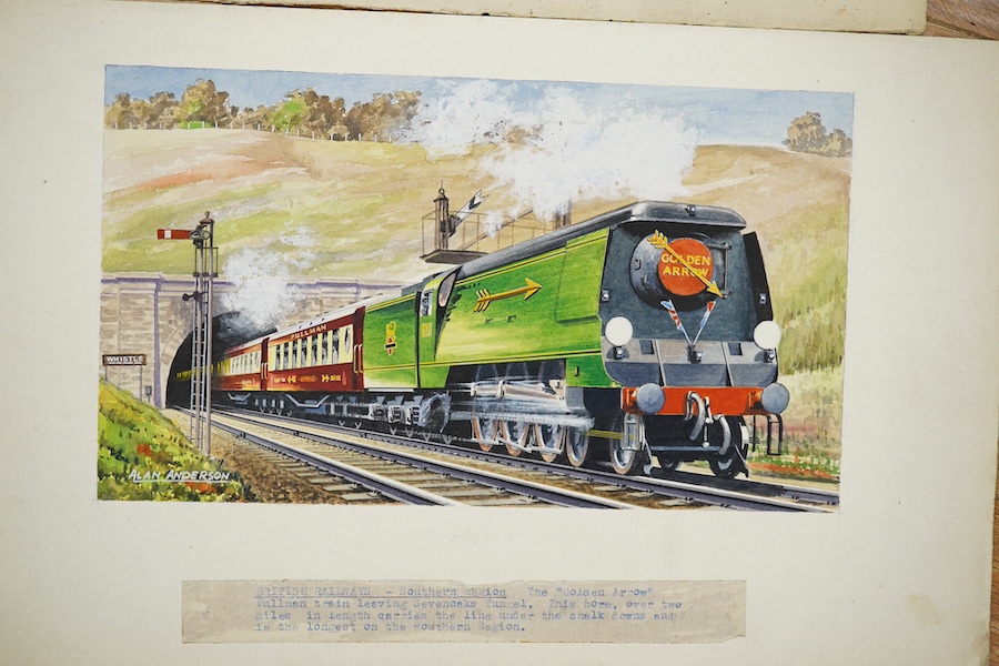 Alan Anderson, four original watercolours for postcards, Vintage Steam Trains, ‘A1 class Queen of Scots’, ‘Southern Region Golden Arrow’, ‘A2 class Barham’ and ‘A4 Pacific Union of South Africa, three signed, mounted, 24